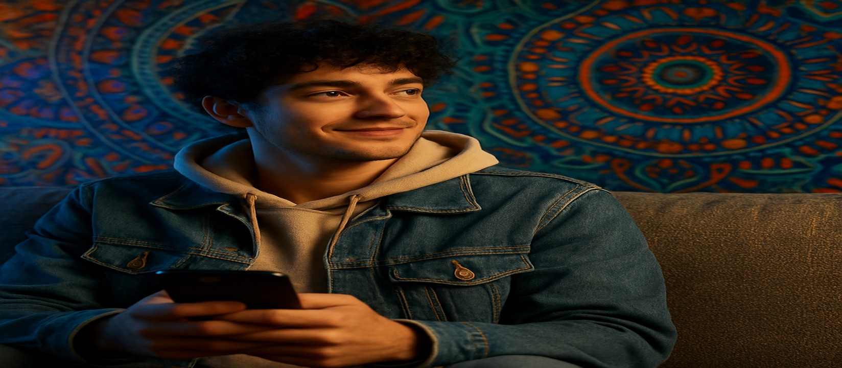 সোফায় আরাম করে বসে 3333def অ্যাপটি ব্যবহার করছেন একজন ব্যক্তি