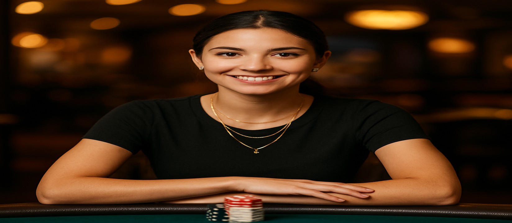 বাংলাদেশের 3333def প্ল্যাটফর্মে কার্ড টেবিলে বসে সামনে চিপ ও কার্ড রাখা একটি হাসিখুশি নারী বিস্তৃত খেলার বৈচিত্র্য উপস্থাপন করেন