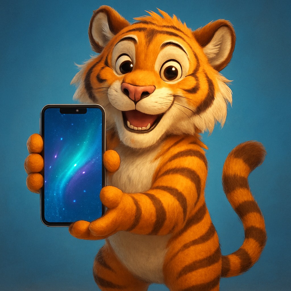 স্মার্টফোনে 3333def অ্যাপটি ব্যবহার করছে এমন একটি কার্টুন বাঘশাবক