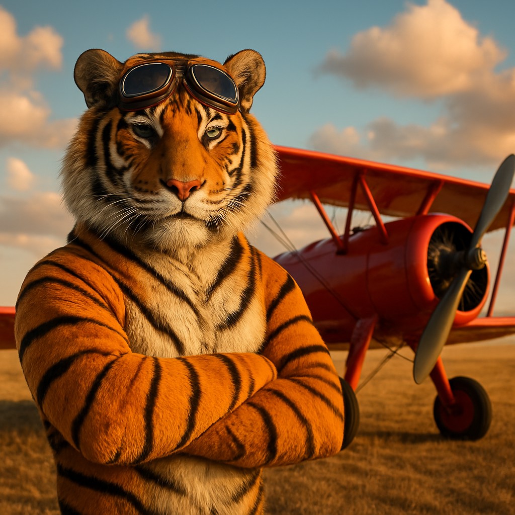 লাল বিমানের পাশে দাঁড়িয়ে থাকা টাইগার পাইলট—এভিয়েটর গেমের প্রতীক হিসেবে পরিচিত