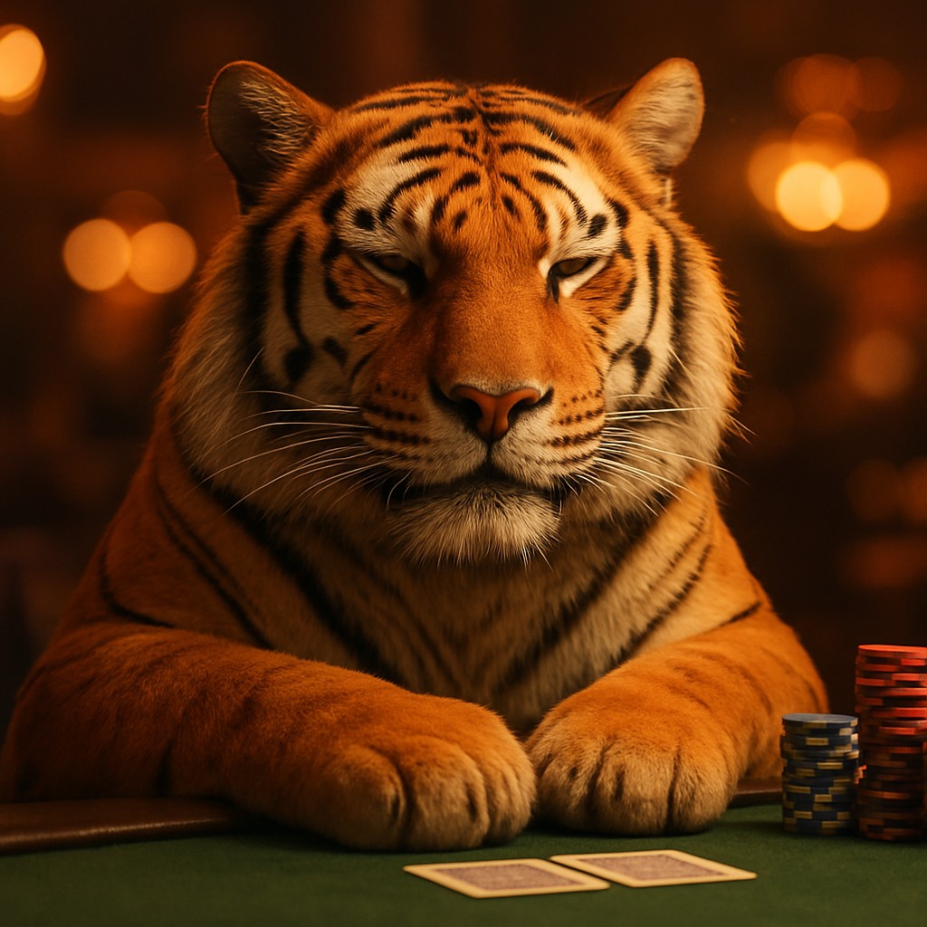 3333def গেমিং প্ল্যাটফর্মে চিপস নিয়ে বসে হাসিখুশি টাইগার শাবক