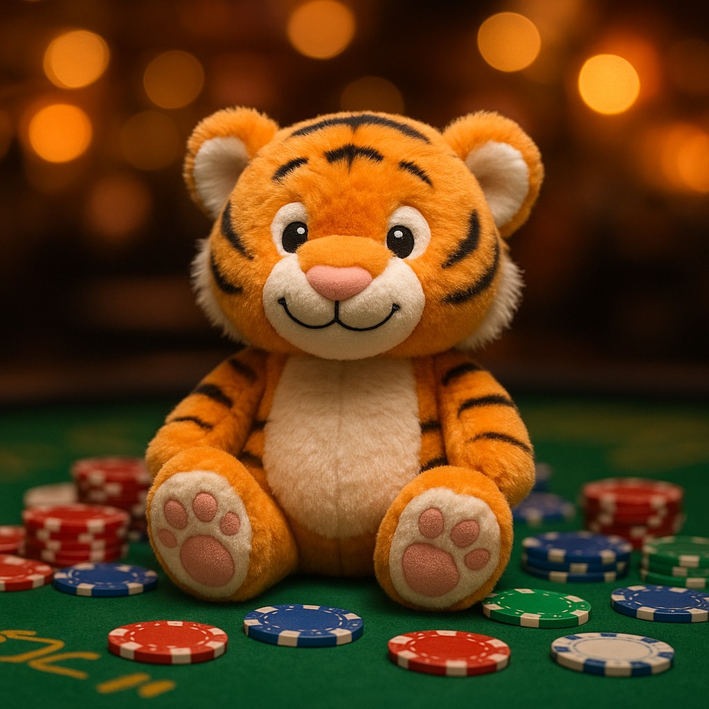 একটি ছোট বাঘের শাবক একটি টেবিলের ওপর বসে আছে এবং সামনে খেলার চিপস রয়েছে।