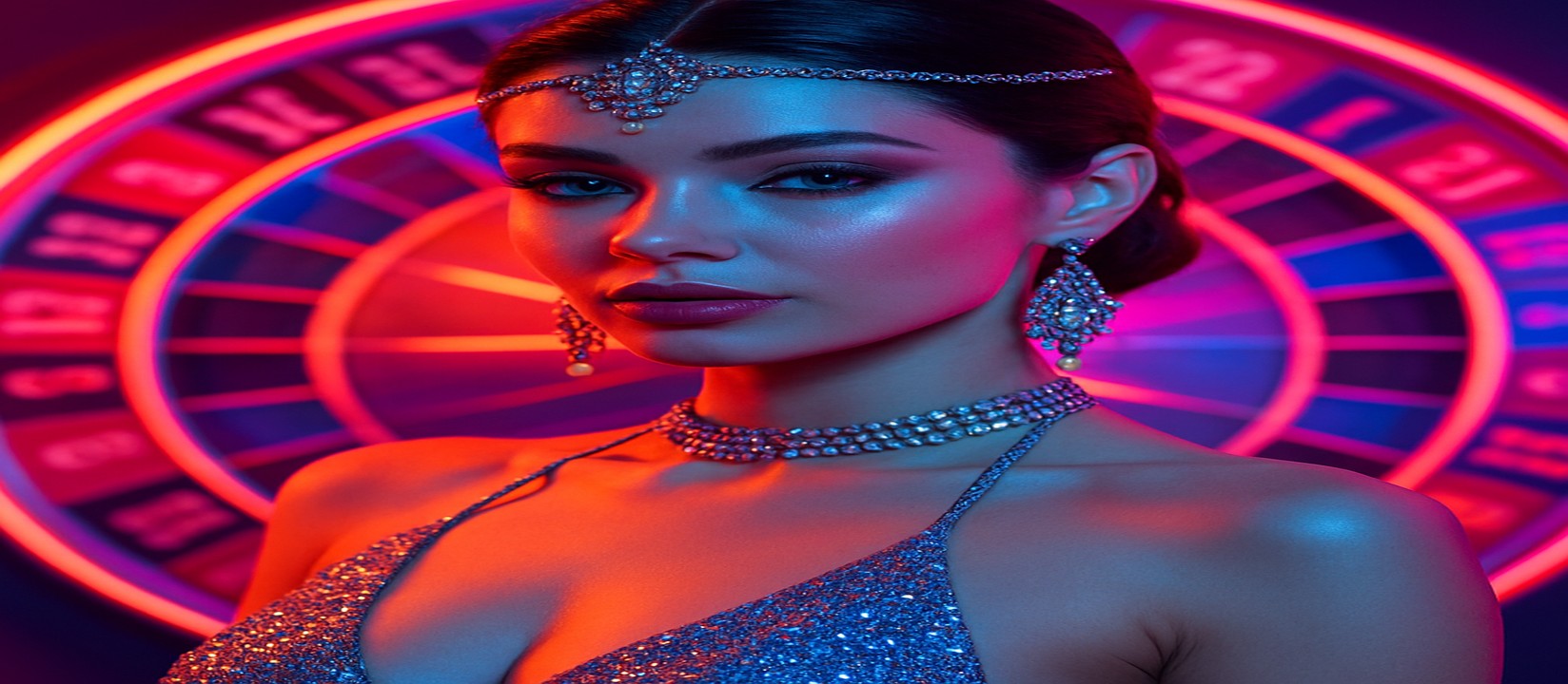 3333def এর রঙিন গেমিং প্ল্যাটফর্মটির সামনে উজ্জ্বল পোশাকে একজন নারী