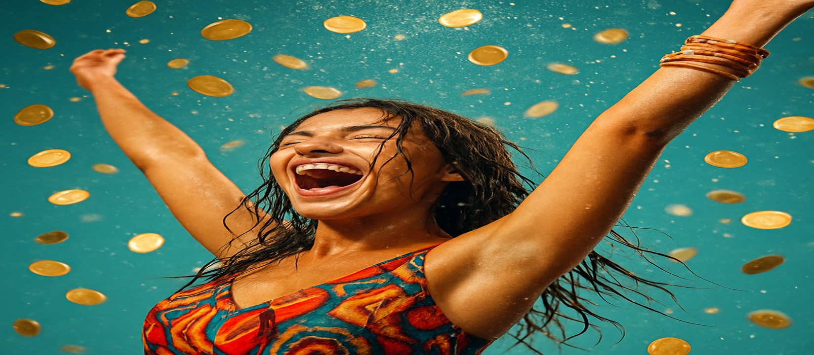 মুদ্রার ঝরনার মাঝে রঙিন পোশাকে এক নারী