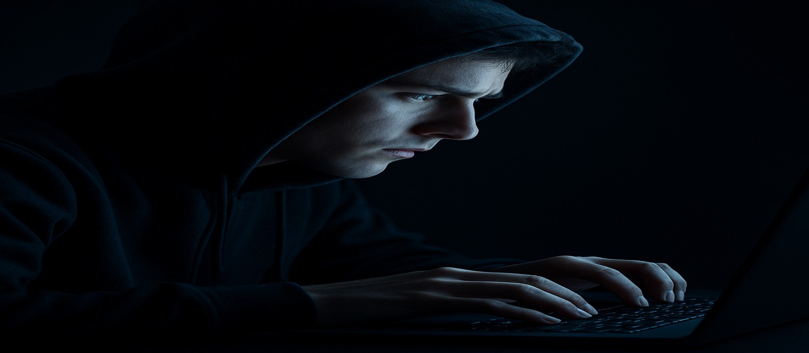 একজন ব্যক্তি অন্ধকার কক্ষে ল্যাপটপে মনোযোগ দিয়ে 3333def ওয়েবসাইটে অনলাইন গেমিং করছেন